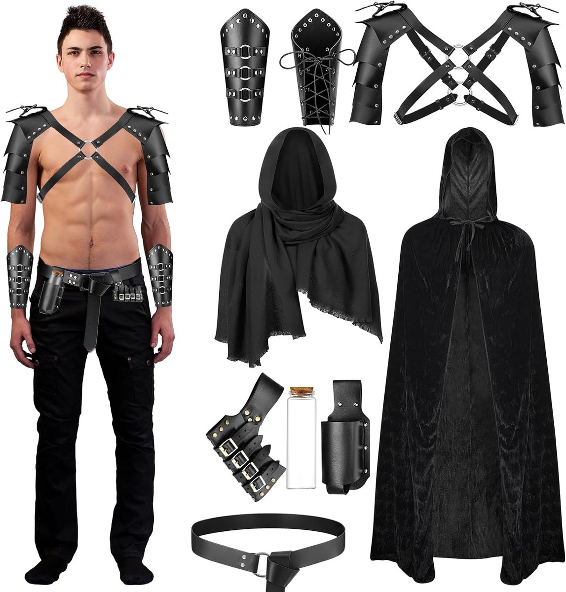 9 Stks Middeleeuwse Ridder Kostuum Mannen Hooded Mantel Retro Sjaal PU Lederen Riem Schouder Armor Gesp Bracers Zwaard Kikker Flessenhouder Kurk Fles Renaissance Accessoires voor Halloween