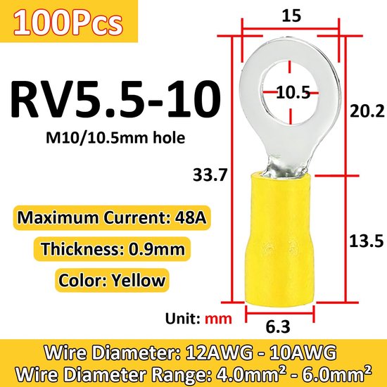 100 stuks ringkabelschoenen van koper, M10, elektrische connector, oogje, ring 10,5 mm, elektrische kabelschoenen, geïsoleerde krimpklemmen, kabel draad 4,0 - 6,0 mm², 12-10 AWG, geel — afbeelding 4