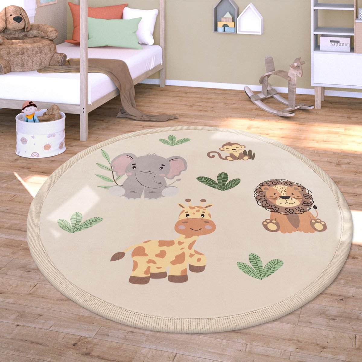 Home Vloerkleed Kinderkamer Meisjes Jongens Antislip Soft Wasbaar Gestippeld, Kleur:Groen Beige Geel, Maat:160 cm rond