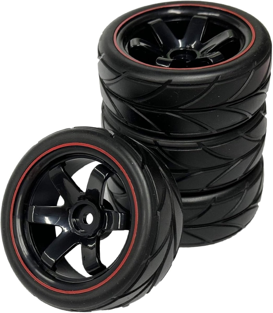 Wielenset, 4 stuks 64 mm rubberen banden en 6 spaken velgen kunststof wielen 12 mm Hex voor 1/10 RC On-Road Run-Flating Touring Racing Auto (zwart rood)