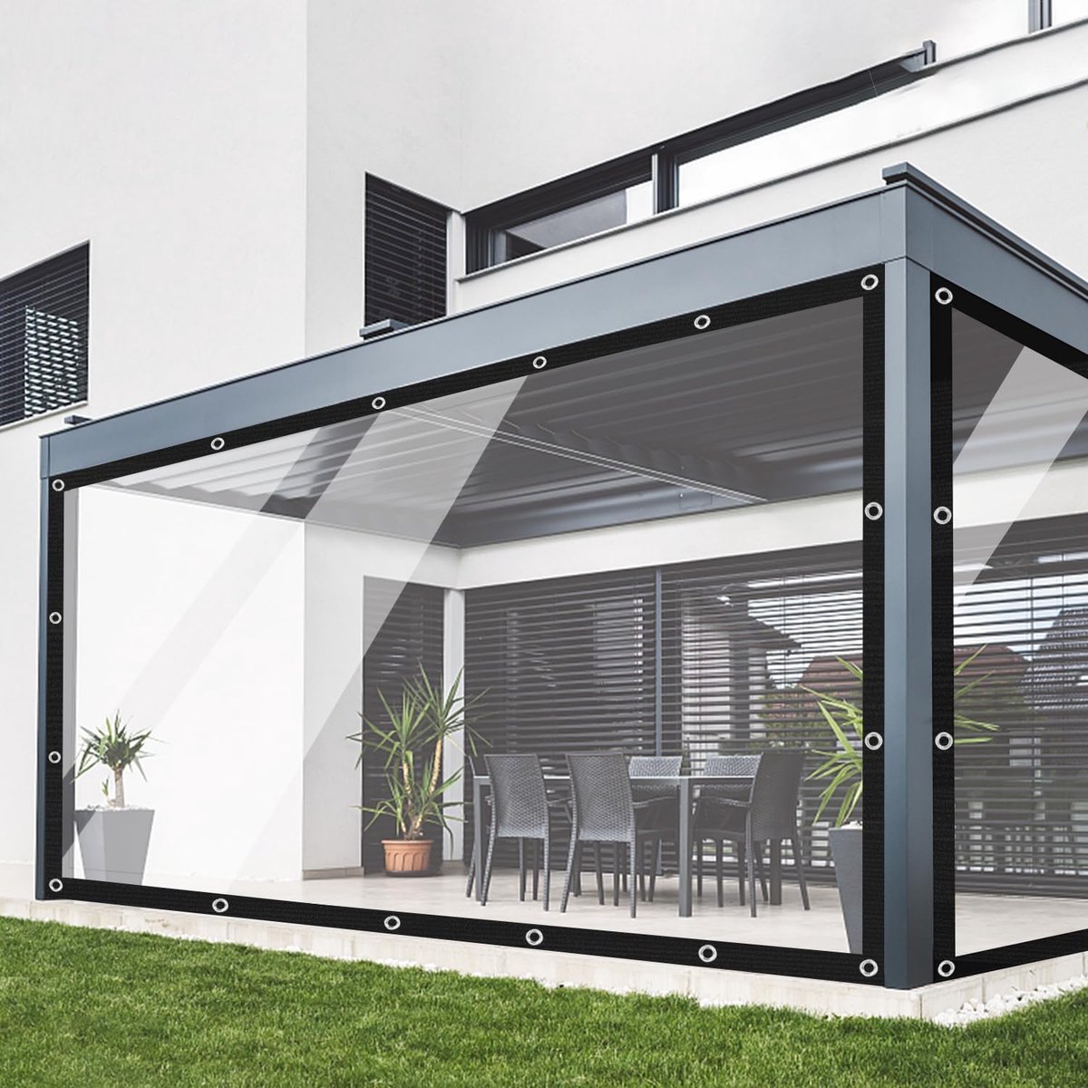 zeil met ingestanste ringen, 420 g/m², transparant afdekzeil, waterdichte afdekfolie voor regenbescherming, boerderij, boot met touw en kabelbinders (echte maat: 3,9 x 3,9 m)