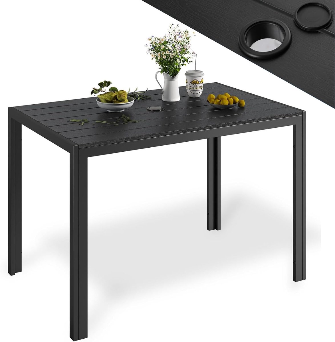 Tuin eettafel met parasolgat voor 6 personen, 110 x 70 x 73 cm rechthoekige outdoor eettafel, aluminium frame, WPC lattenhout effect tafelblad, balkontafel voor achtertuin, terras
