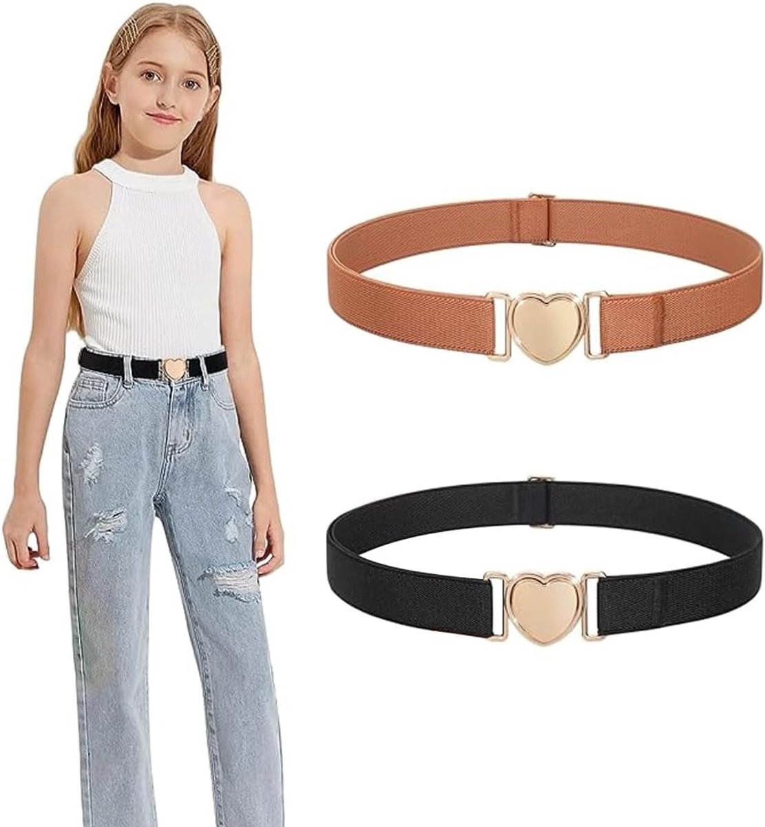 Riemen voor meisjes, hartvorm, riem, zonder gesp, verstelbare elastische riem voor jurken, jeans, broek, uniform
