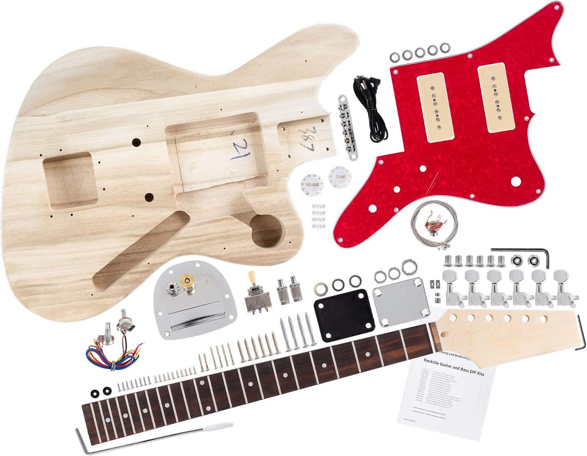 E-Gitaar Bouwpakket JAG-Style, Body: Paulownia, Toets: Palissander | "Do-it-yourself" E-gitaar bouwpakket, Hals: Geschroefd esdoorn, Pickguard: rood, Tortoise-Shell-Style, Kleur: Naturel, 5 kg