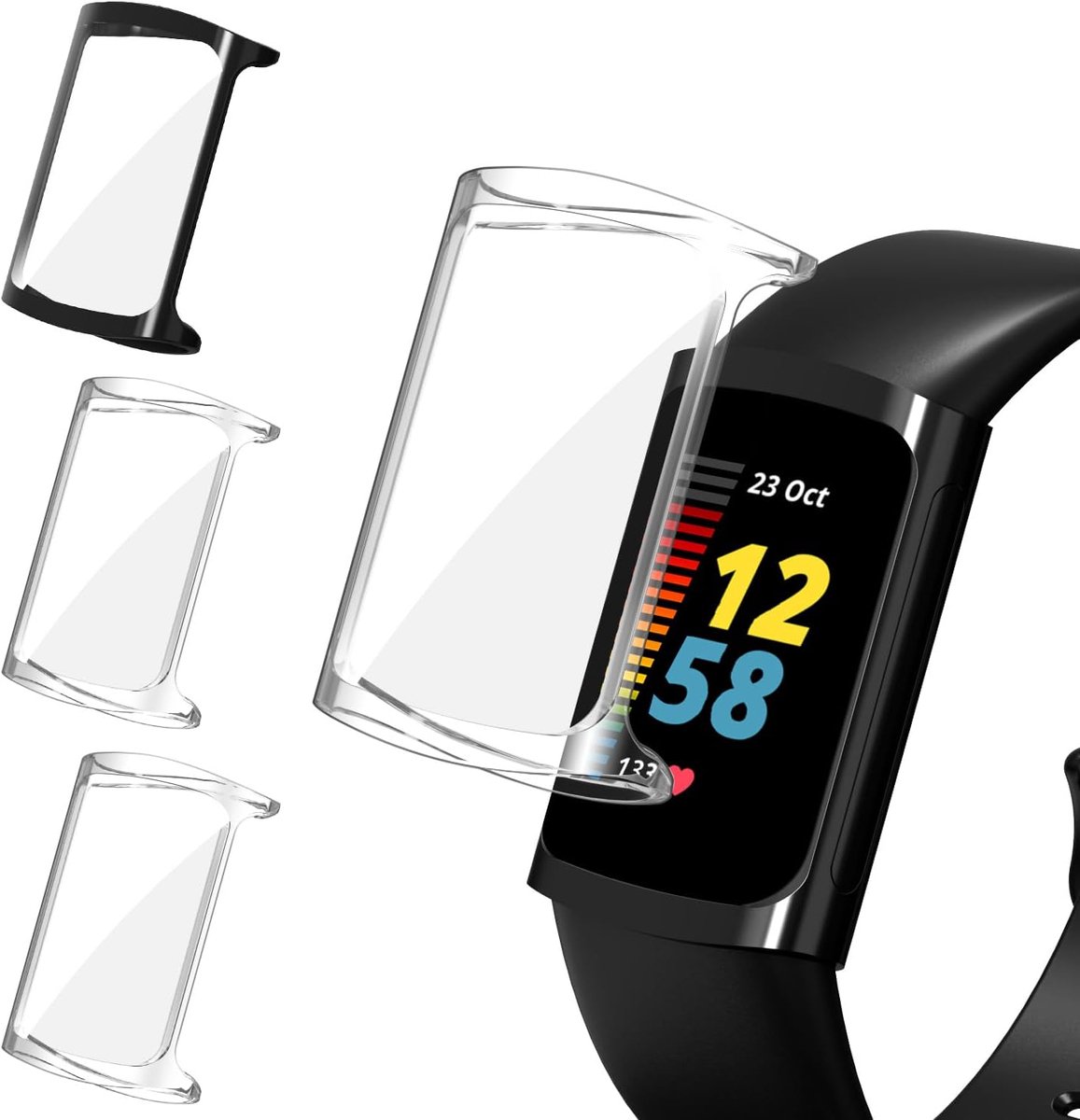 Ivoler 3 stuks hoesjes met beschermfolie voor Fitbit Charge 6 / Fitbit Charge 5, volledige afdekking, stootvast, krasbestendig, ultradunne zachte TPU-displaybescherming, 2 transparant + 1 zwart