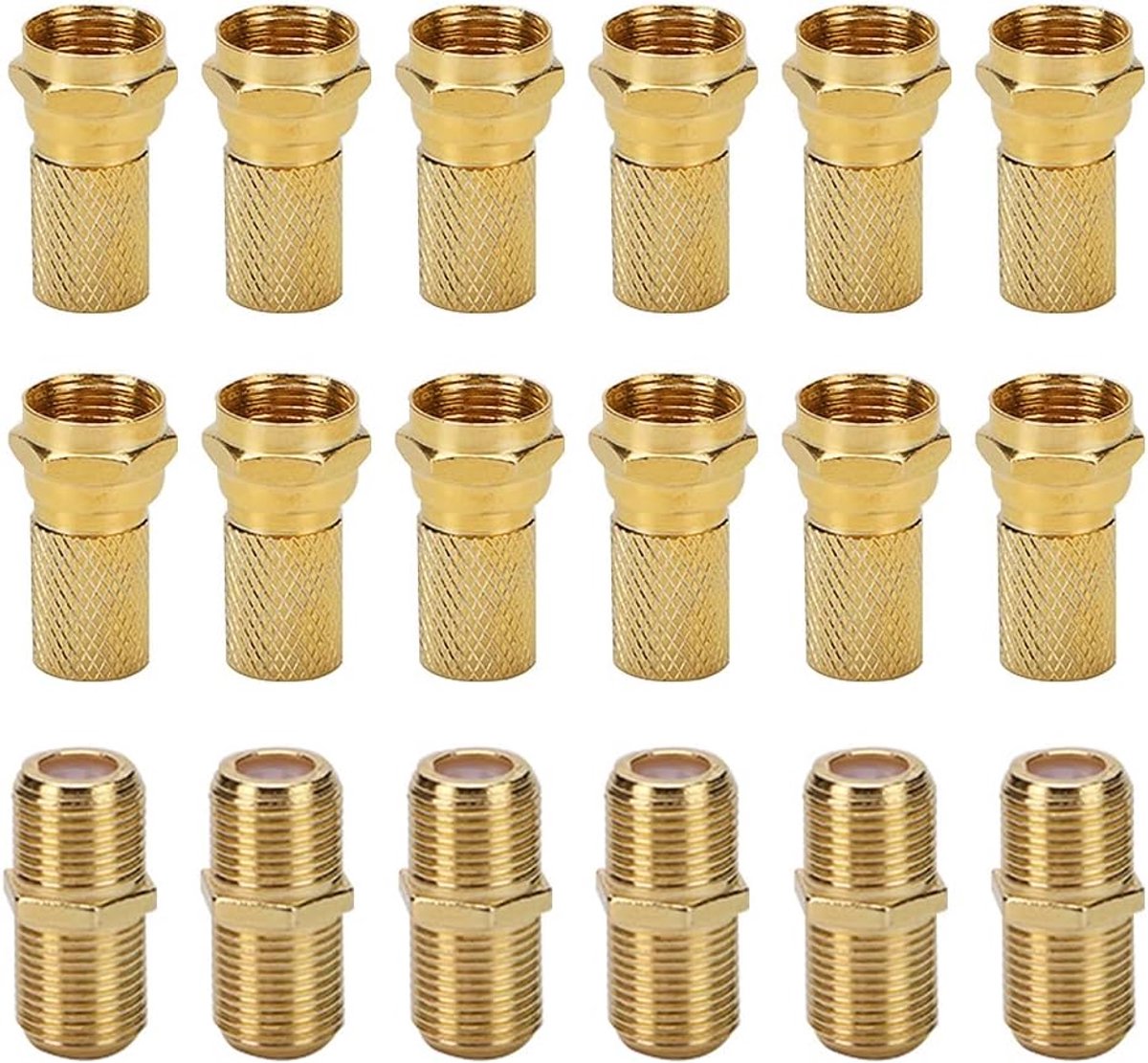 F-connector set, met 6 × connector en 12 × F-connector 7 mm verguld met rubberen afdichting brede moer, voor satelliet TV Sky/Freesat/Virgin Media