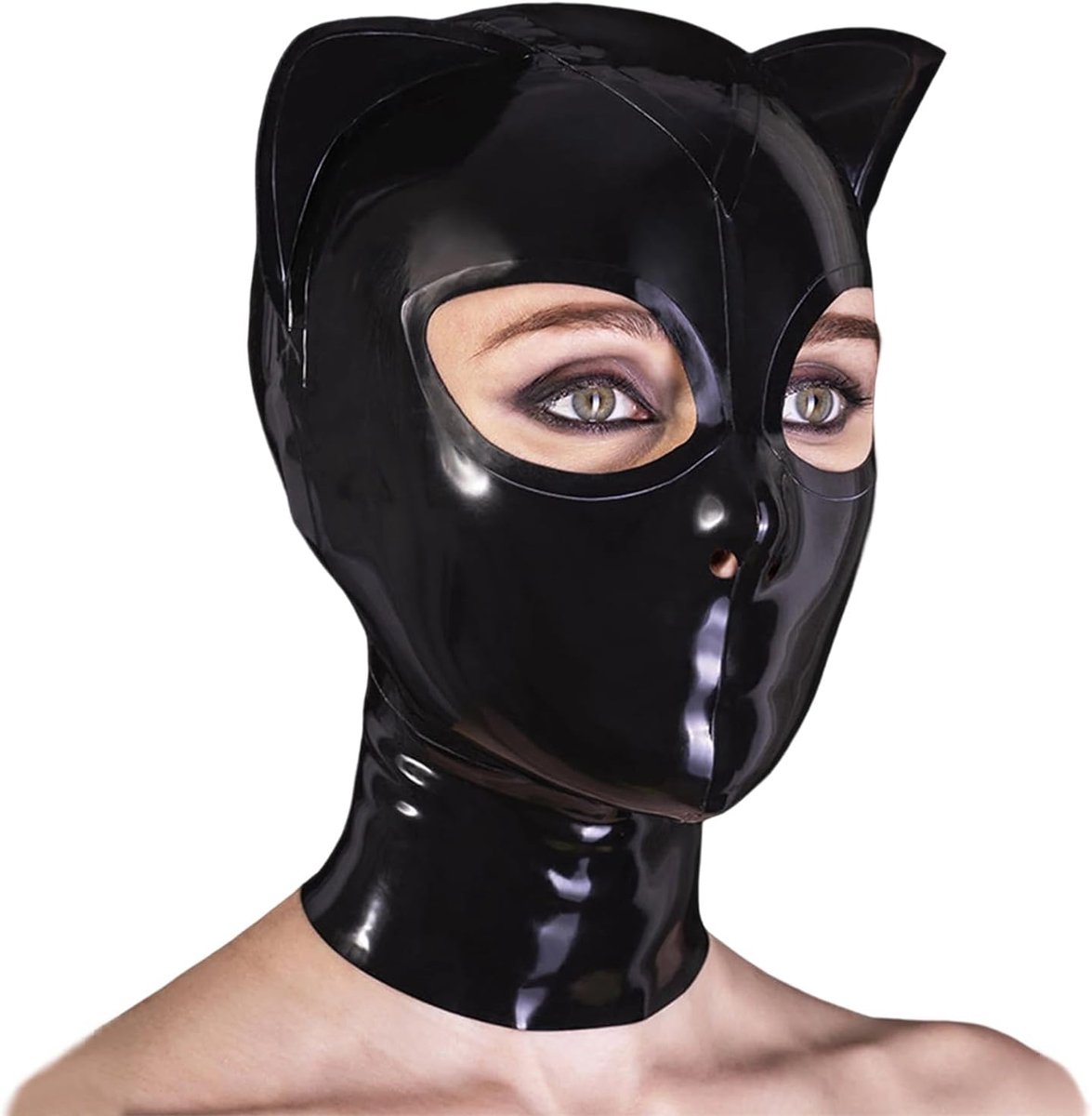 Cat Mask - Latex Rubber Zwart - Handgemaakt met Oren - Perfect voor Cosplay - SnelShoppen