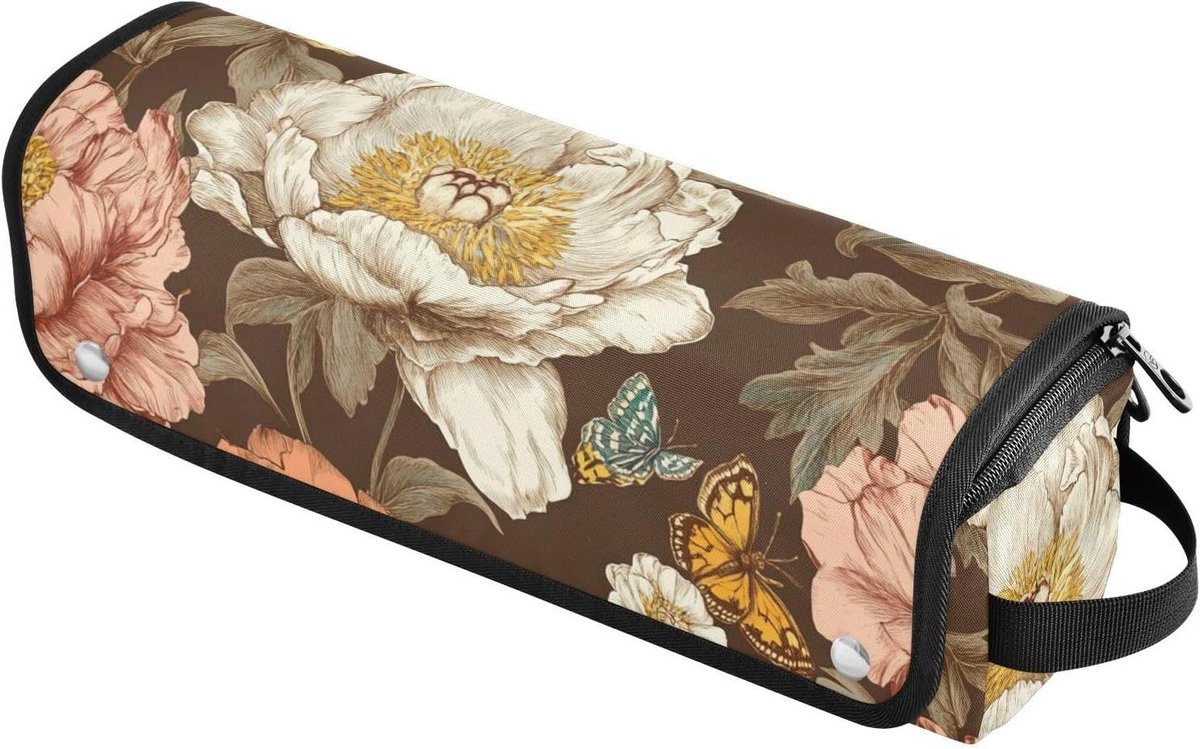 Reistas Haargereedschap - Opbergtas Styler Organizer - Reizen en Thuisgebruik - Hittebestendige Mat - 145 x 39 inch - Bruin Pioenen