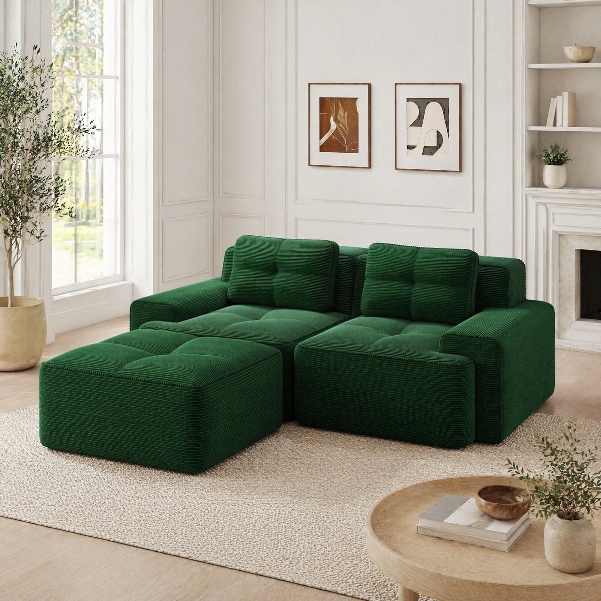 MEUNIQ modulaire hoekbank 204 x 177 x 69 cm met ottoman, brede armleuningen, 74 cm zitdiepte, groen corduroy voor de woonkamer