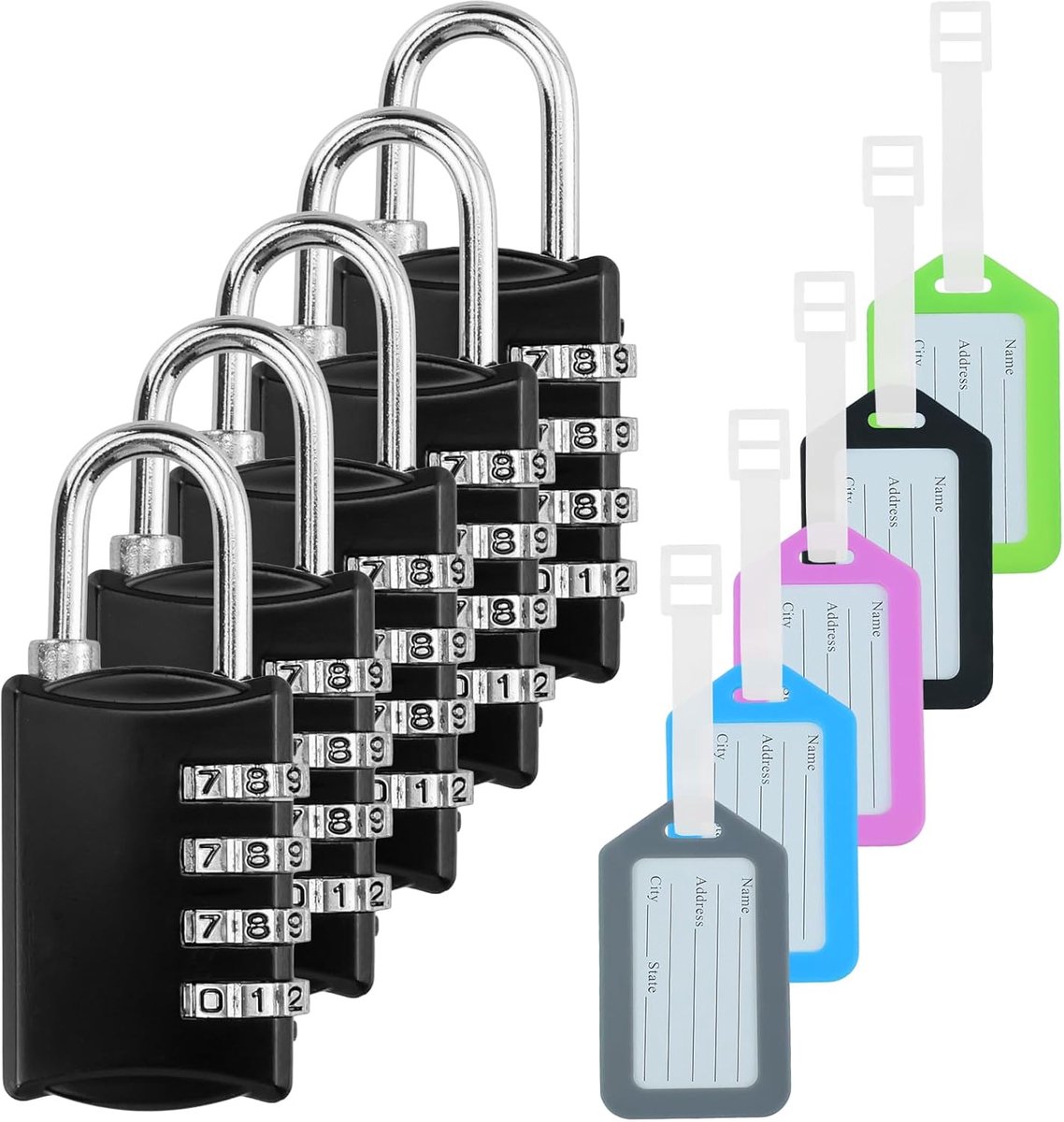 Hangslot set van 5 - 4-cijferige combinatie - compact formaat - veilig voor bagage en rugzak - ShopVlot