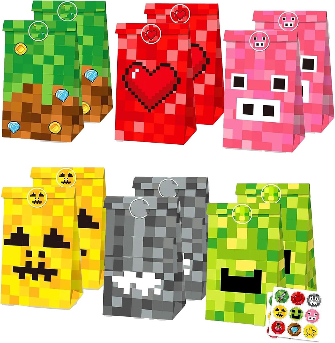 Pixel-cadeauzakjes set van 12 - pixel-design - met 18 stickers - ideaal voor feestjes - ShopVlot