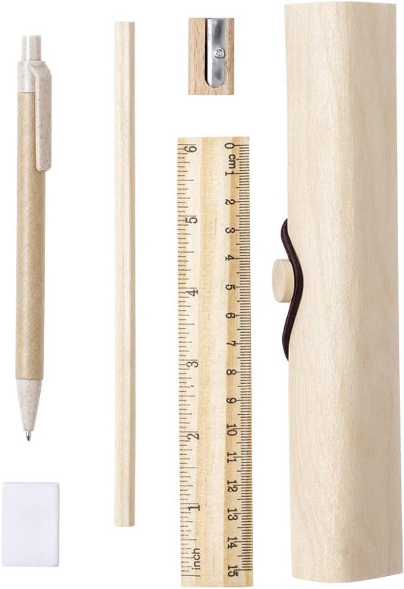 Pennenzak met natuurlijke uitstraling - van hout - met elastische sluiting - inclusief 5 accessoires - ShopVlot