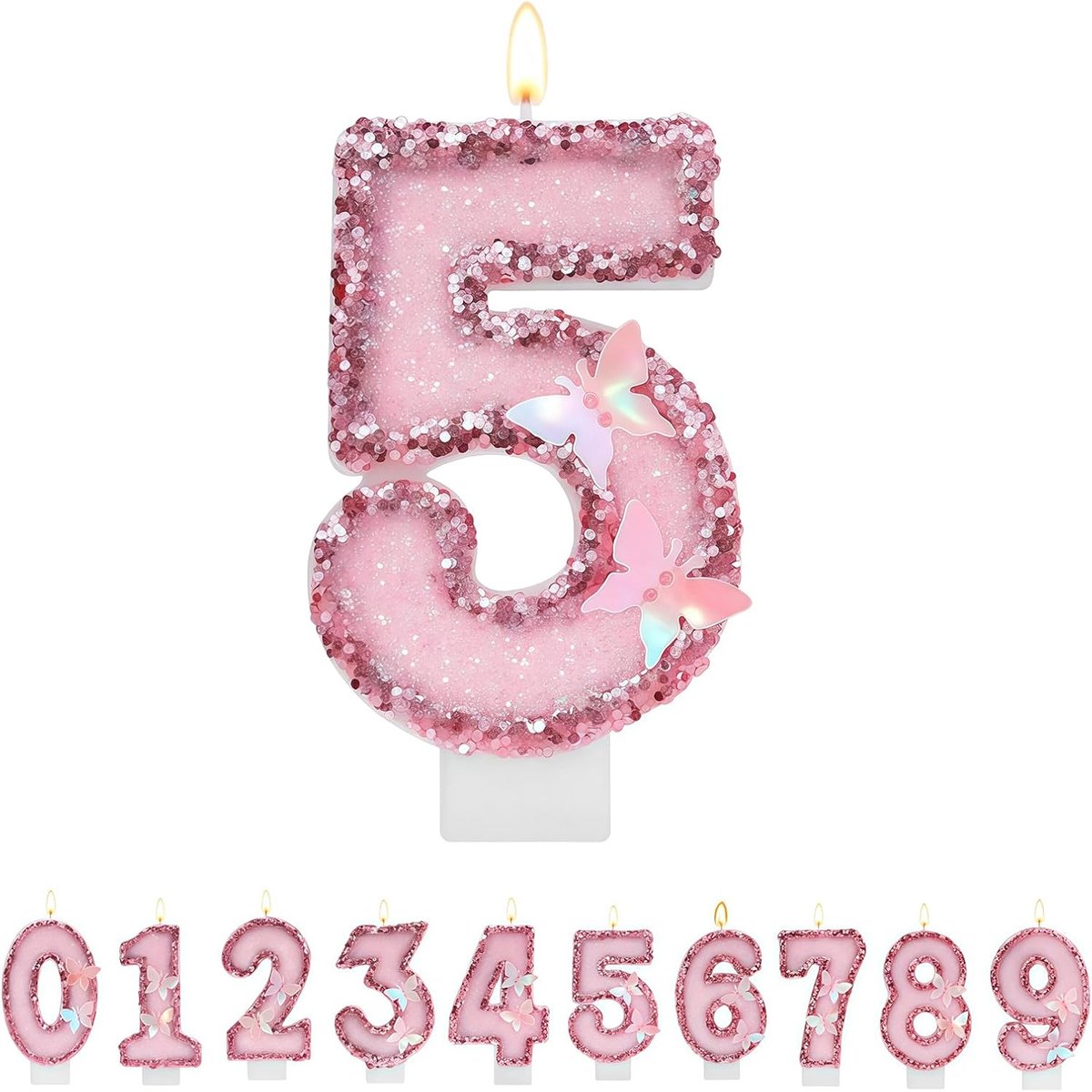 Verjaardagscadeau Kaars Nummer 5 - Roze Glitter - Met Vlinder - Perfect voor Taartdecoratie - ShopVlot