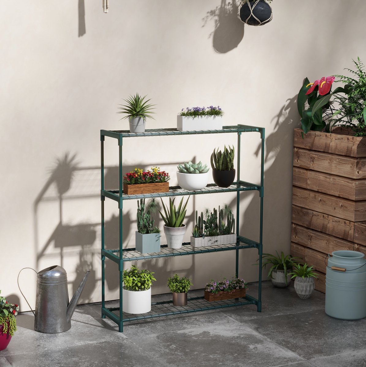Plantenrek 4 Niveaus Stabiel Staal Donkergroen 89 X 28 X 107 Cm Voor Binnen En Buiten Compact En Ruimtebesparend