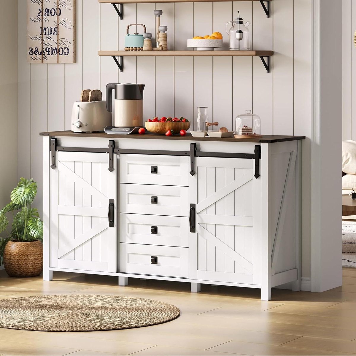 Buffetkast - Dressoir Sideboard - Opbergen Keuken - Schuifdeuren en laden - 137 cm breed - Wit