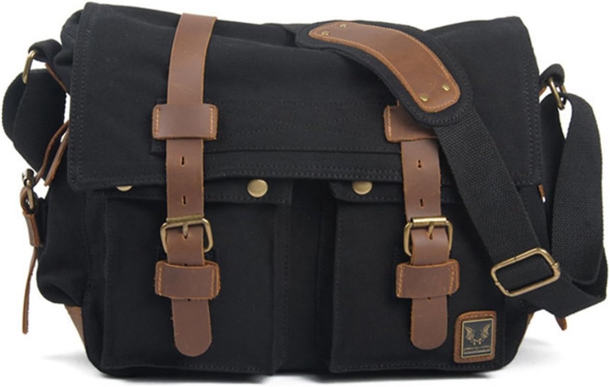 Schoudertas 35x30cm - Leer en Canvas - Duurzaam en Stijlvol - Perfect voor School - ShopVlot