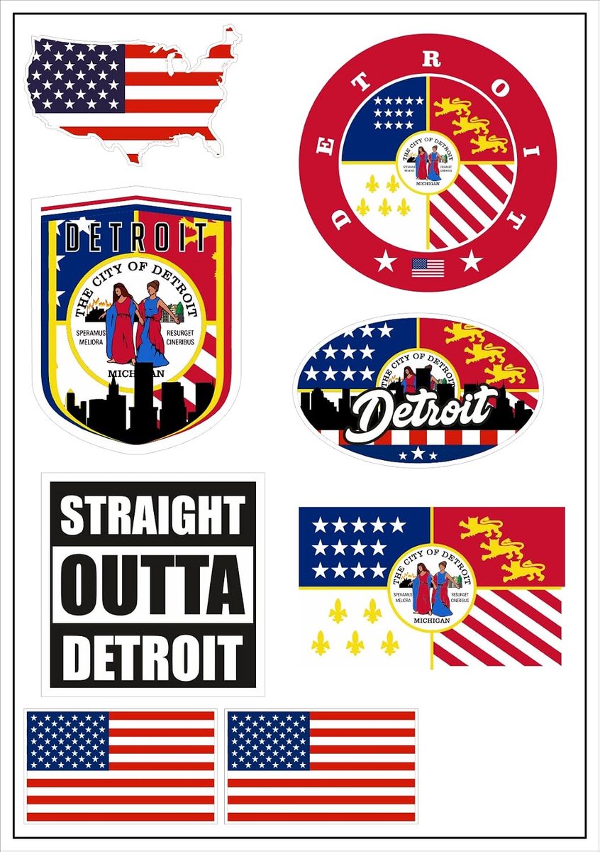 Stickers USA Detroit 8 stuks - Vinyl - Waterdicht - Perfect voor auto of motor - ShopVlot