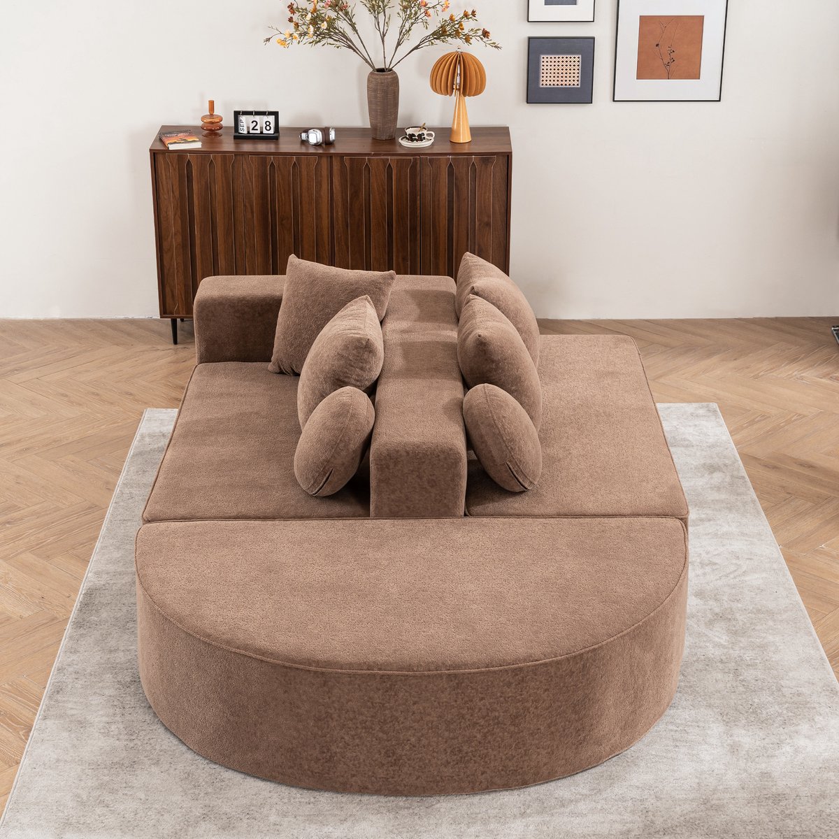 MEUNIQ modulaire slaapbank 5-zits 263 x 171 x 66 cm in bruin chenille, zonder montage, met zachte zitting en losse kussens voor woonkamer of slaapkamer