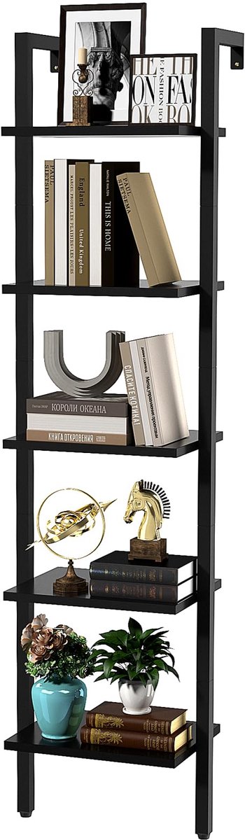 Ladder Boekenkast Wandmontage - 5-Laags Wandrek met Metalen Frame - Industriële Zwevende Wandplank voor Boeken, Decoratie en Planten - Multifunctionele Opbergkast voor Woonkamer, Keuken en Kantoor - 40 x 30 x 178 cm - Zwart