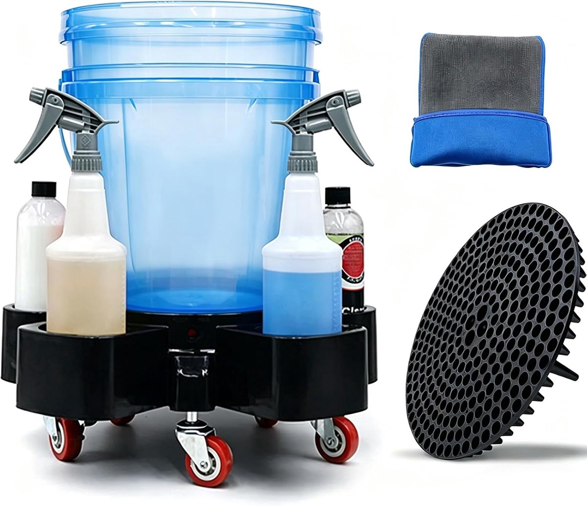 Mobiele autowasemmer met dolly - 5 wielen met remmen - sedimentfilter en washandschoen - ideaal voor auto detailing - ShopVlot