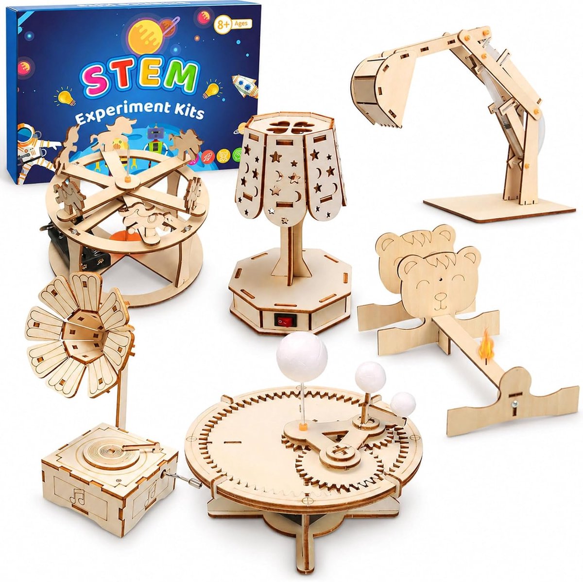 Houten bouwpakket 6-in-1 - experimentierset voor kinderen - met modellen en kleurpotloden - stimuleert creativiteit - ShopVlot