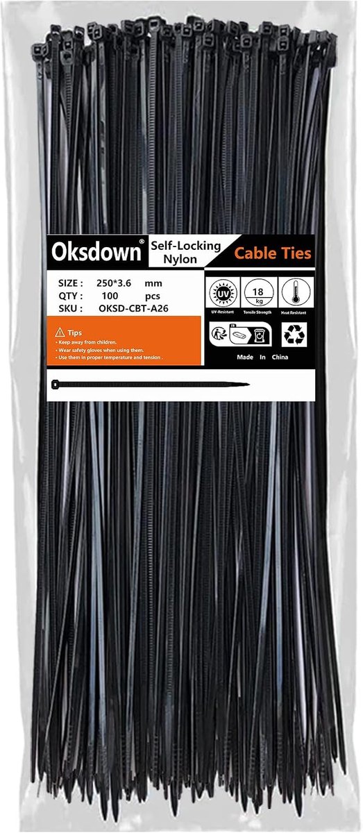 Kabelbinders 250mm x 3.6mm - Zwart - Sterk nylon - Perfect voor kabelbeheer - ShopVlot