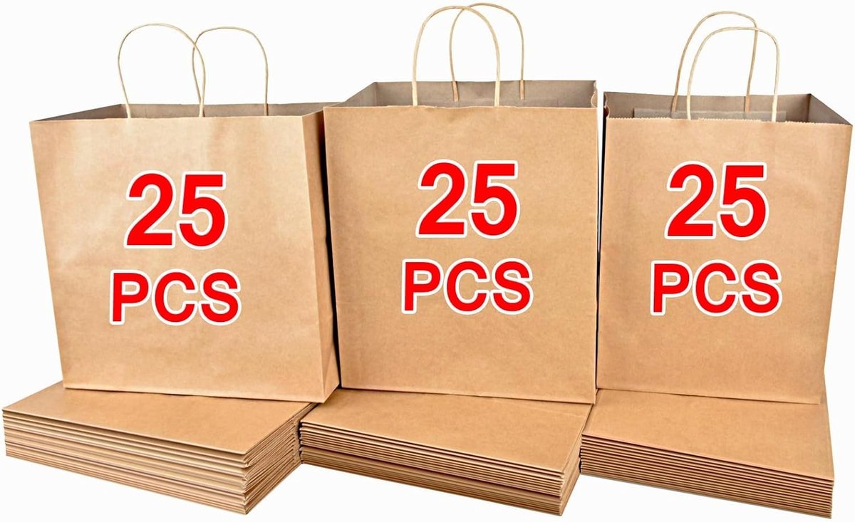 Papieren zakken met handvatten - 75 stuks gemengde maten - Kraft draagtassen voor winkelen - Perfect voor geschenken - ShopVlot