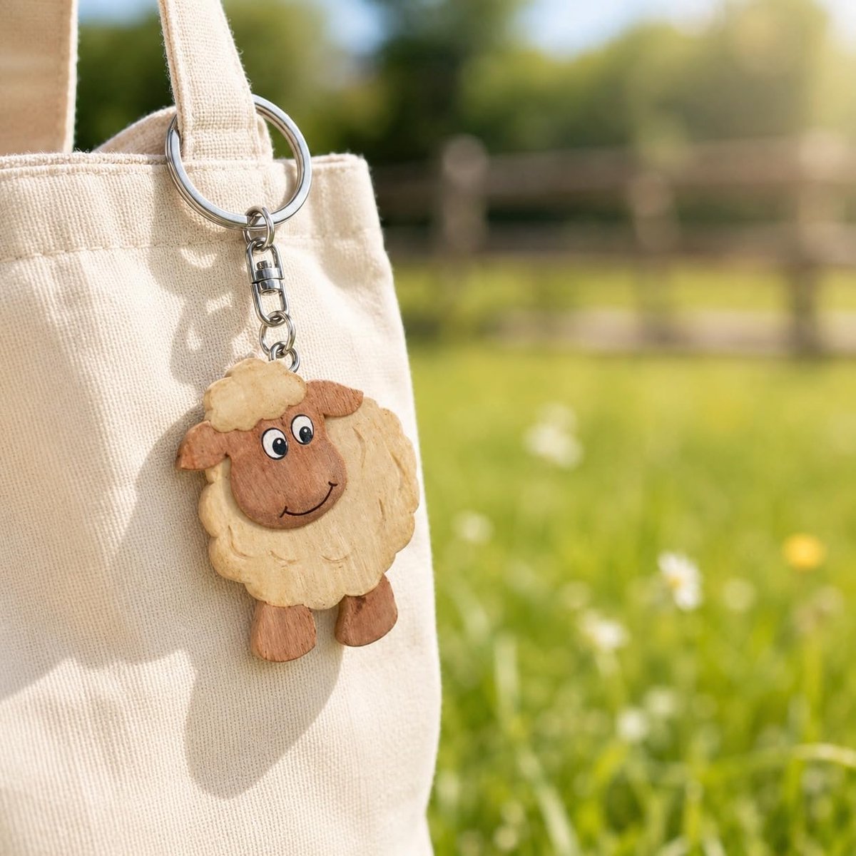 Sleutelhanger schaap - handgemaakt van hout - witte dierenhanger - perfect voor sleutels - ShopVlot