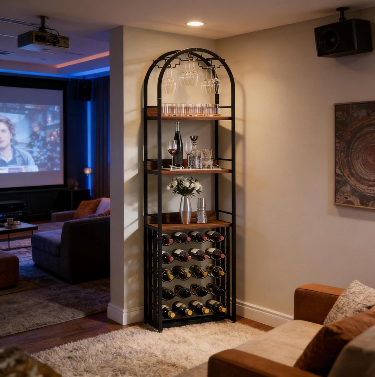 Wijnrek Vrijstaand Ruim 30 Flessen Met Metalen Frame En Houten Planken Zwart En Rustiek Bruin Voor Keuken Bar En Woonkamer