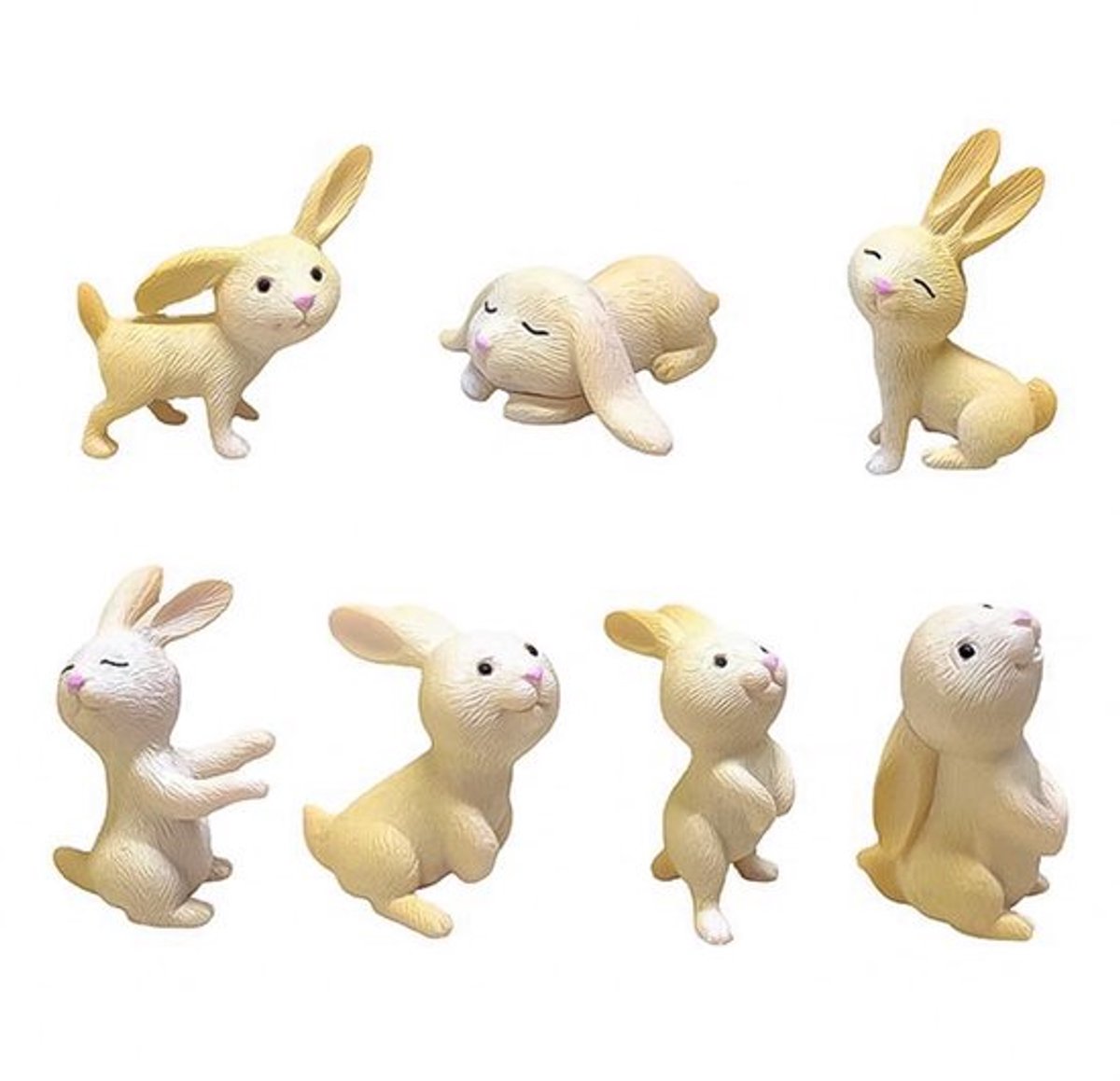 7 stuks mini-konijnenfiguren, paasornamenten van hars, microlandschapstuinfeest-bureauversiering (geel)