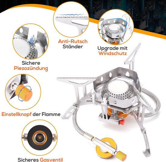 Gasfornuis met piëzo-ontsteking, winddicht campingfornuis, 3500 W, opvouwbaar campingfornuis, gasbrander voor Coleman Primus cartridge, gasfornuis met windbescherming met draagtas voor — afbeelding 3