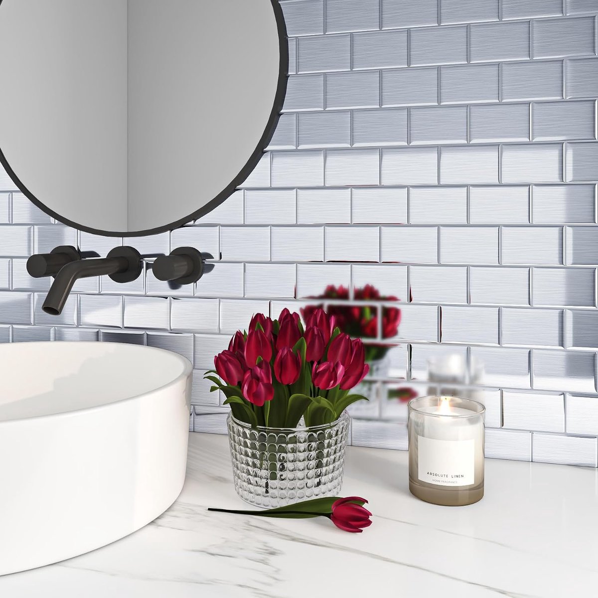 Tegelstickers Bad 3D Zilver Kleeft Tegels Keuken 3D Edelstal look Waterbestendig zelfklevende Tegels Badkamer Keukenachterwand 30x30CM Wandtegels zelfklevend Metro Metaal, 4 stuks