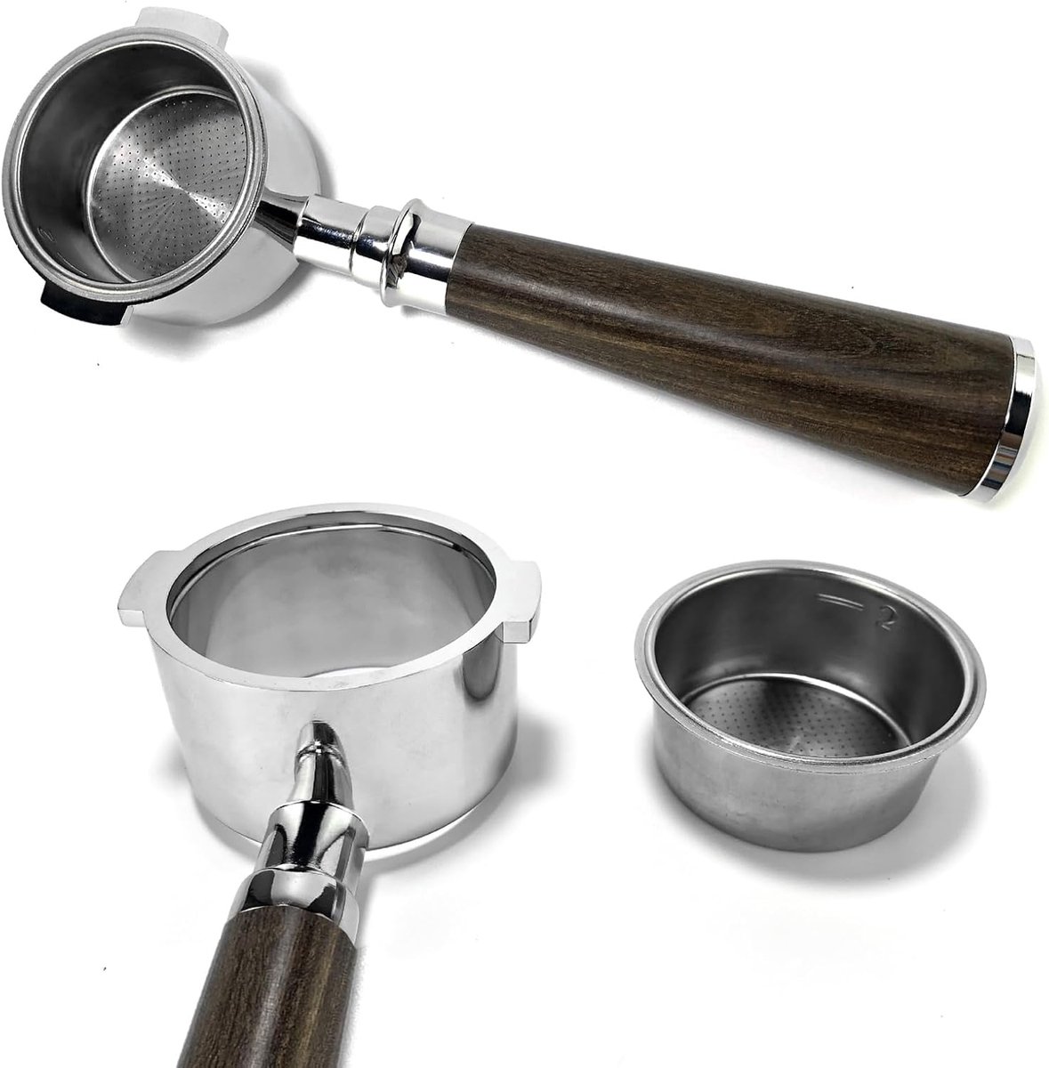 51mm 2-Oor Bodemloos Portafilter voor DeLonghi ECP3420, EC155, EC260, BCO430 - Nakeds Portafilter met Zwart Palissander Handvat & Dubbel Shot Filtermand (NIET voor Dedica EC685/EC785)