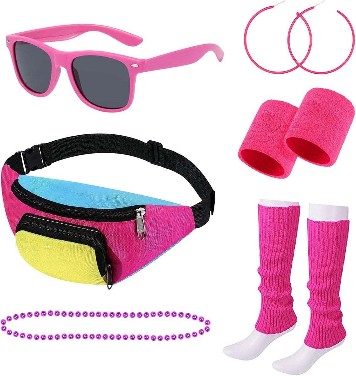 80 verkleedkostuums accessoires voor vrouwen, jaren 80 retro sportaccessoires sets met bumbag polsbandjes beenwarmers brillen oorbellen ketting fancy party kostuum voor retro feest