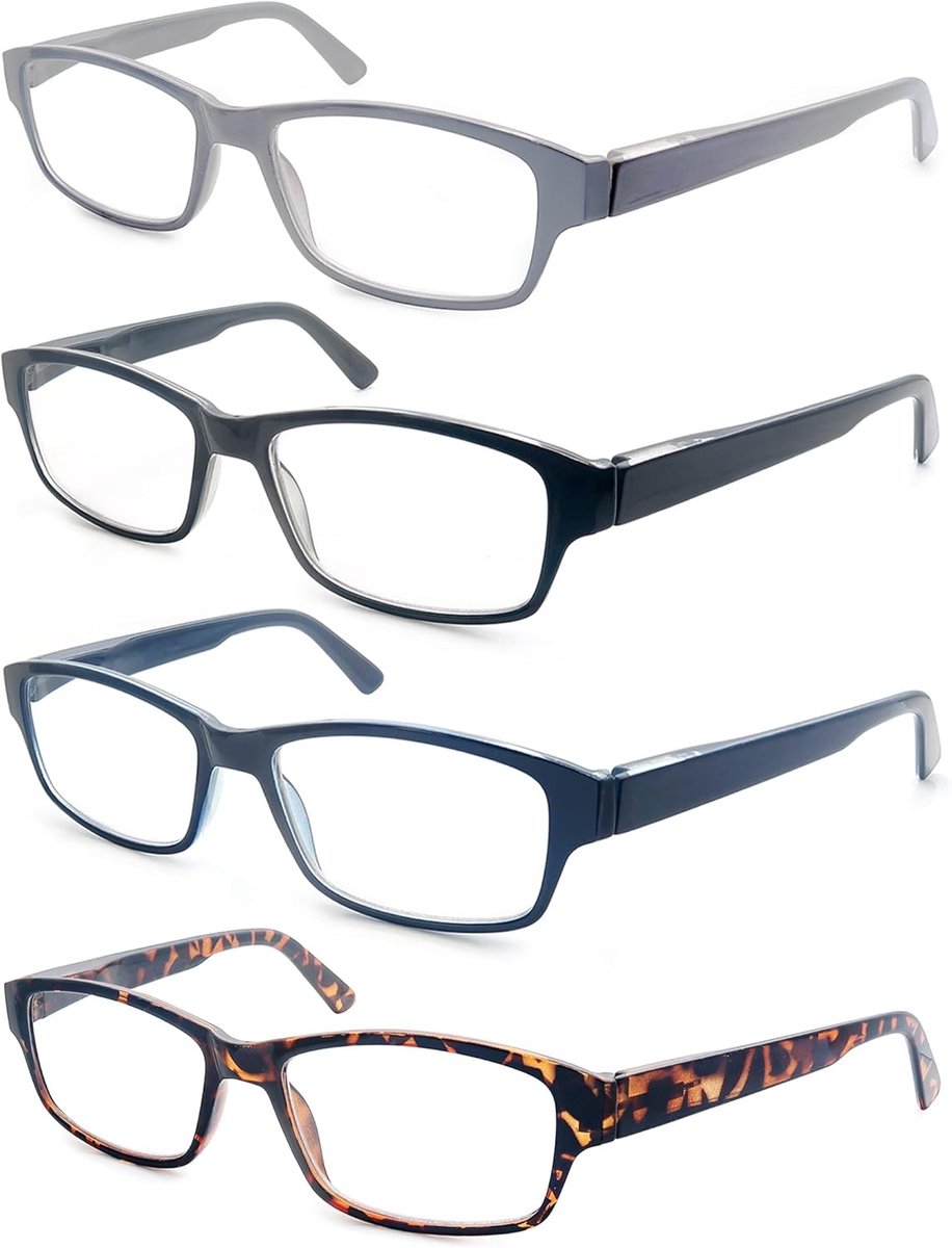 Leesbril Heren Grote Rechthoekige Lezers Bril Voor Mannen met Grote Hoofden Stevig Frame Comfortabel & Brede Fit 4 Pack