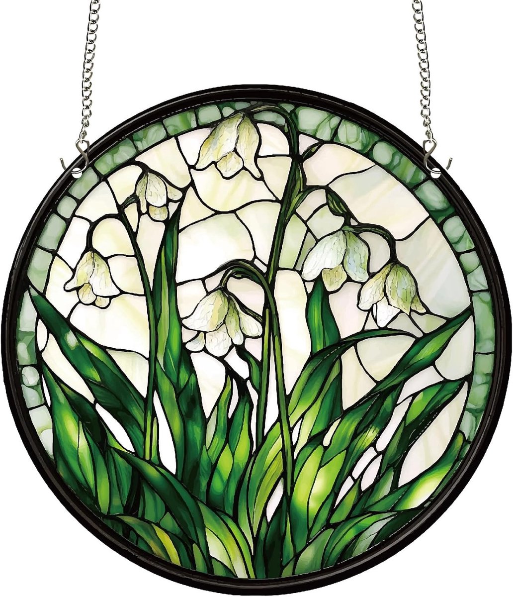 Lelietje van Dalen Zonnevanger Ronde Zonnevangers Gebrandschilderd Acryl Bloem Floraal Raam Muurkunst Hangende Decoratie met Metalen Bal Ketting voor Woonkamer Slaapkamer Huis Tuin Ornament