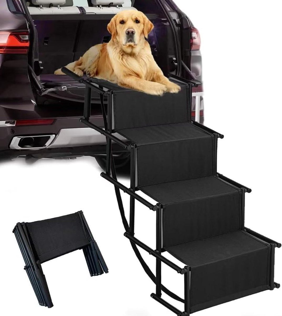 Opvouwbare Hondenoprit - Hondentrap Auto - Huisdieren Laten Reizen - Antislip Veiligheidscoord - 150 Pond Max - Zwart