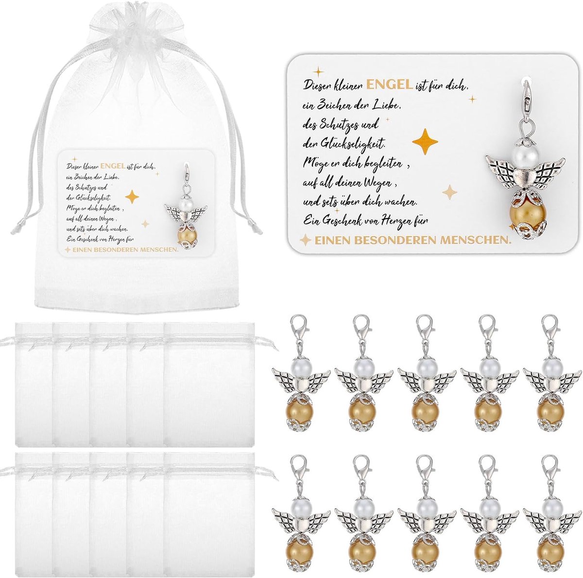 Set van 10 cadeaus voor vrouwen, sleutelhanger beschermengel met kaart, verjaardagscadeau voor vrouwen, kleine attentie voor vriendin, zus of collega