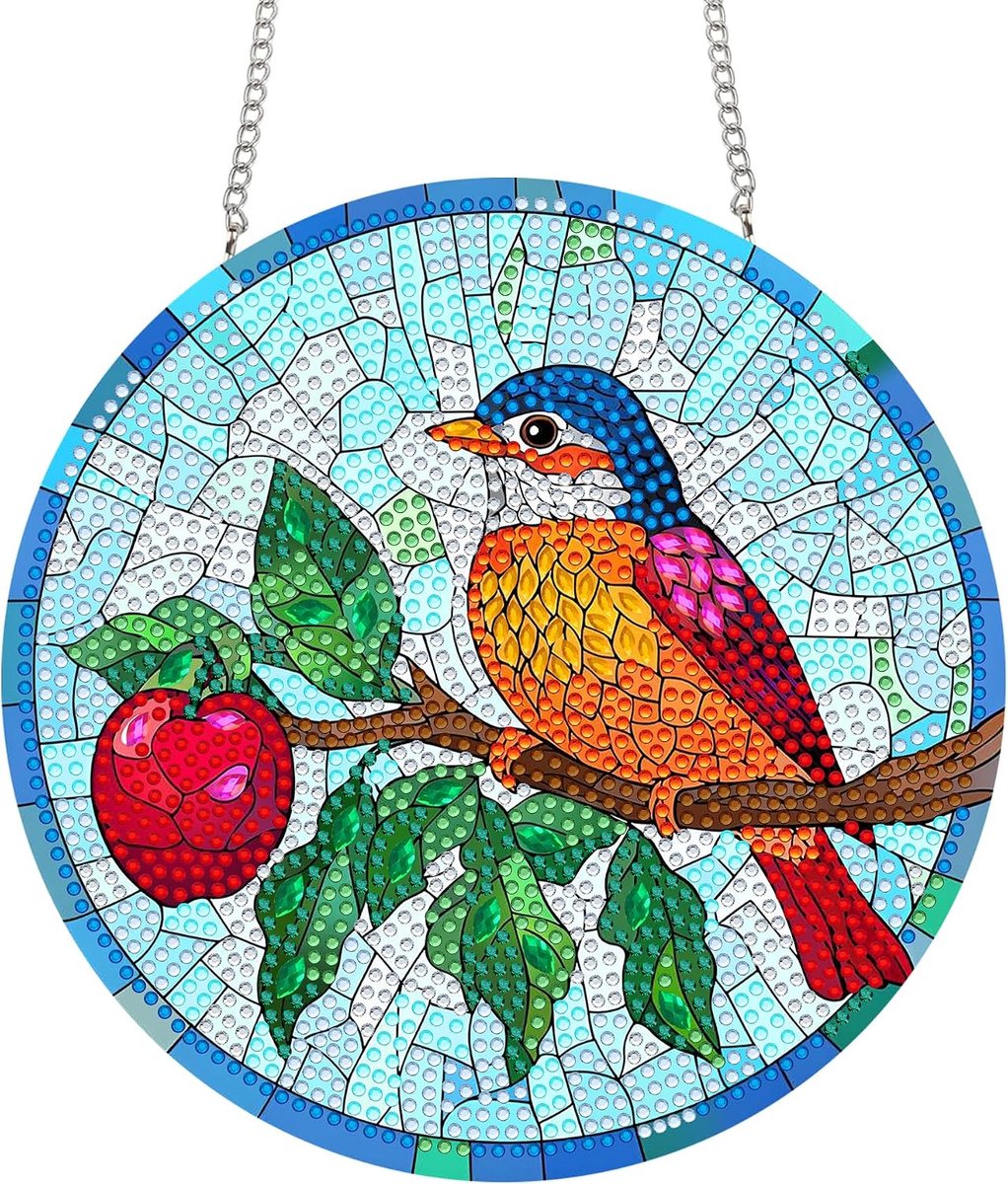 Diamond Painting Hanger Vogel, Hangende Diamantkunst Diamantschildersets Bloemen, DIY 5D Diamantschilderij Raamhangerdecoratie Voor Huis, Tuin, Deur & Buitenruimte 20x20 Cm