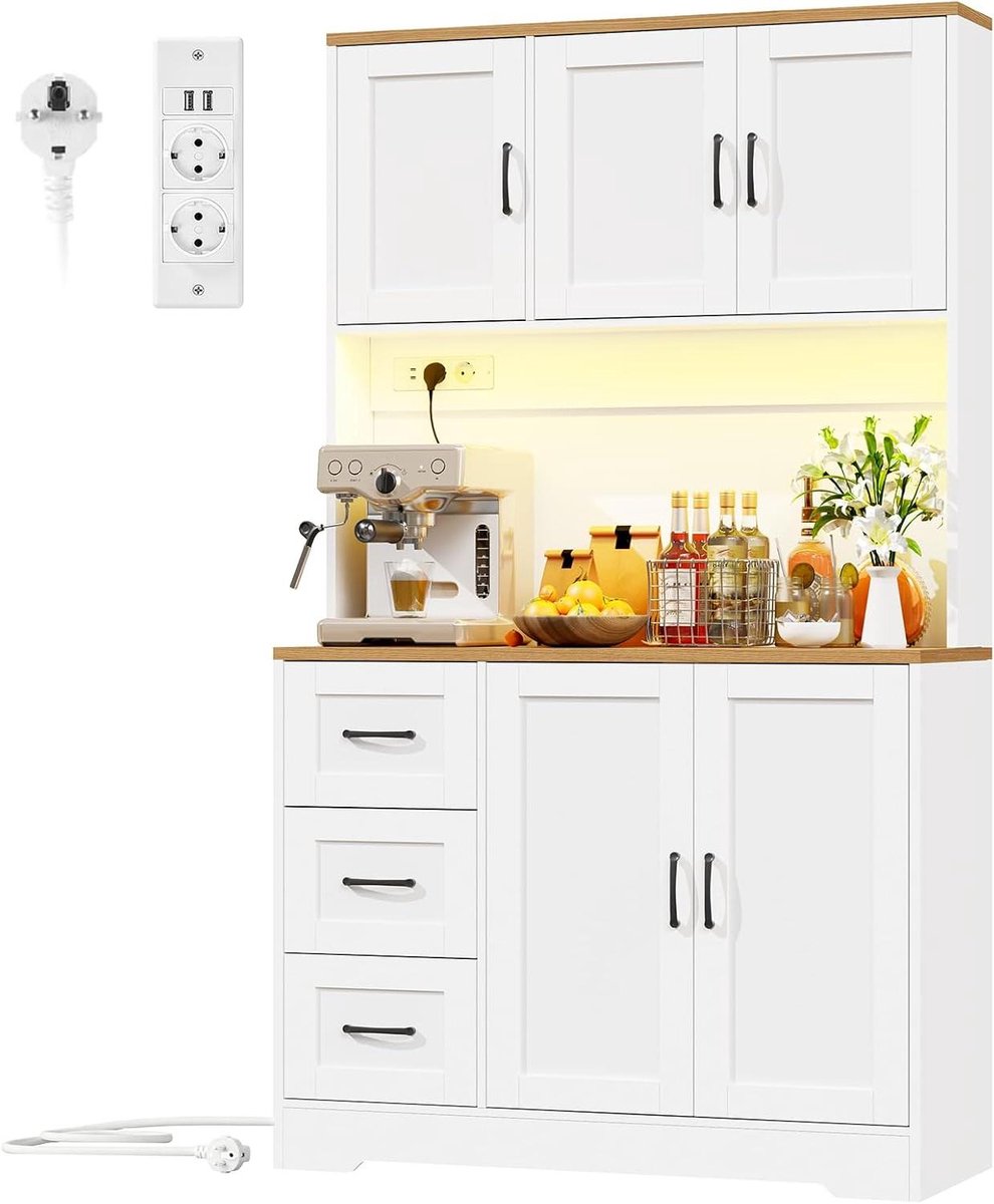 Keukenkast - Buffetkast Hoge Kast - Keuken Opbergen - Met LED en Stopcontacten - 180x100x40 cm - Wit