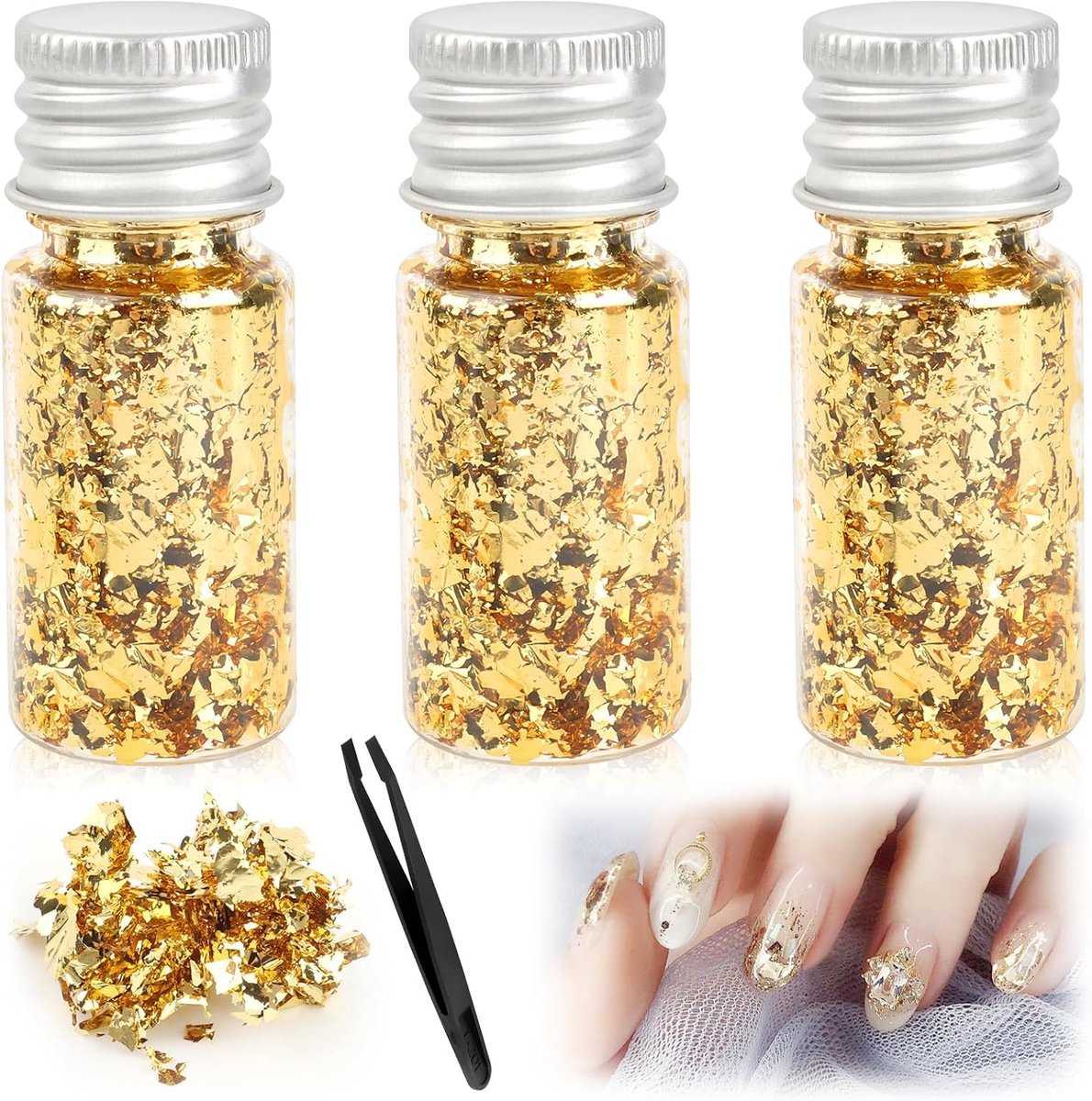 Bladgoudvlokken met pincet, decoratieve gouden bladeren, bladgoudtabletten, doe-het-zelf knutselgoudfolie, decoratiefolie voor schilderen, harskunst, verguld beeldje, nagelkunst (goud