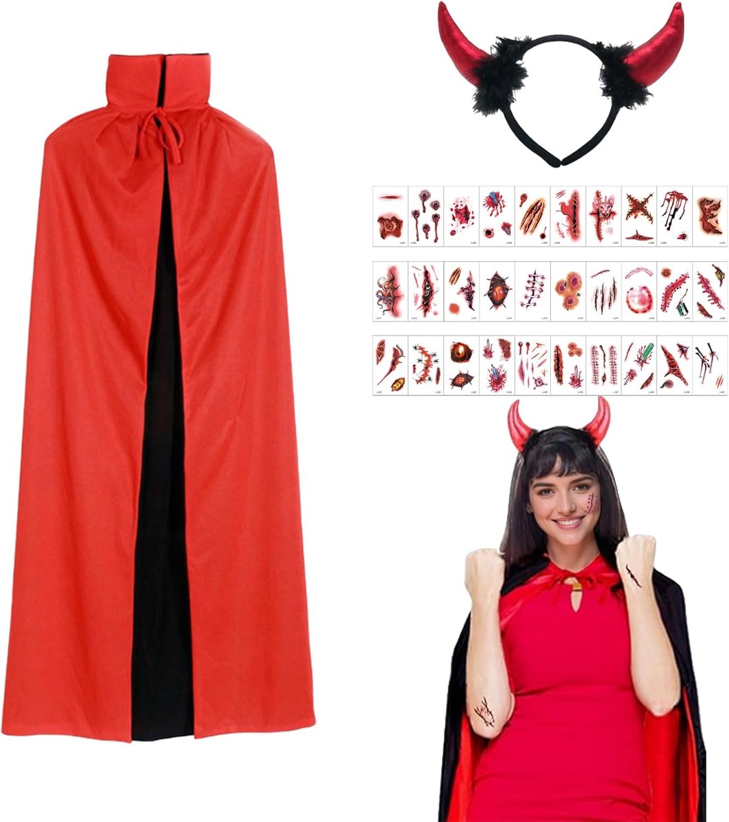 Halloween cape set voor dames, Halloween duivelskostuum heren met hoorns hoofdband en litteken tattoo sticker, rode en zwarte cape voor Halloween party