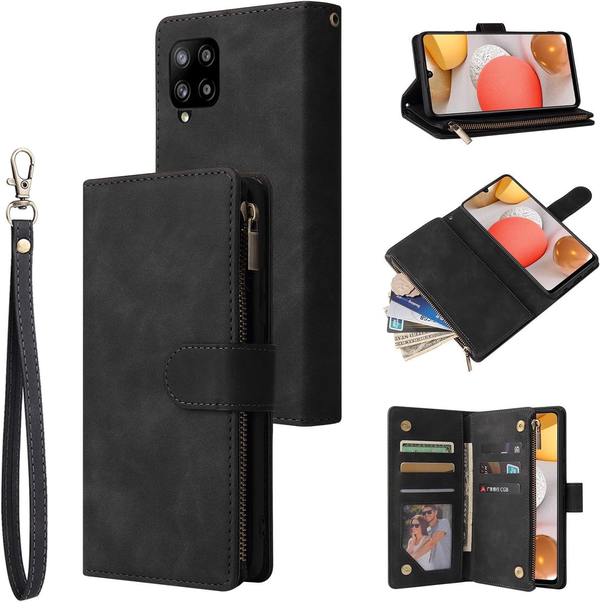 Portemonnee-hoesje voor Samsung Galaxy A12 5G/M12 5G, premium vintage PU-lederen handtas met magnetische sluiting en ritsvak en kickstand en kaartsleuven polsbandje schokbestendige flip cover van TPU - Zwart