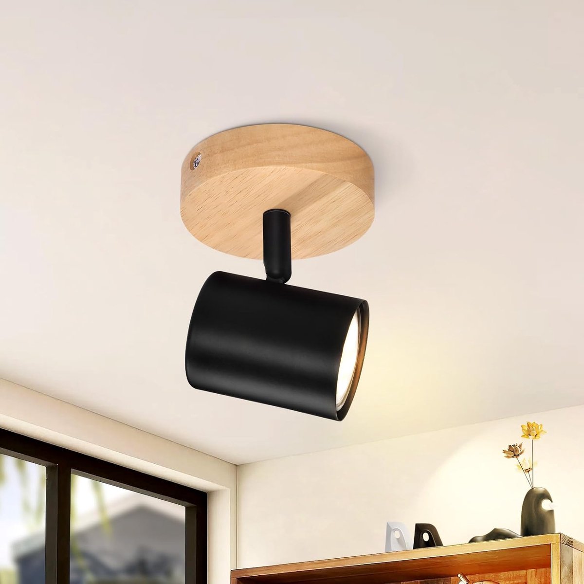Plafondspot 1-vlam - zwarte plafondlamp GU10, draaibaar, houten | wandlamp, spot voor woonkamer, slaapkamer, gang, keuken, MAX. 40W zonder lamp