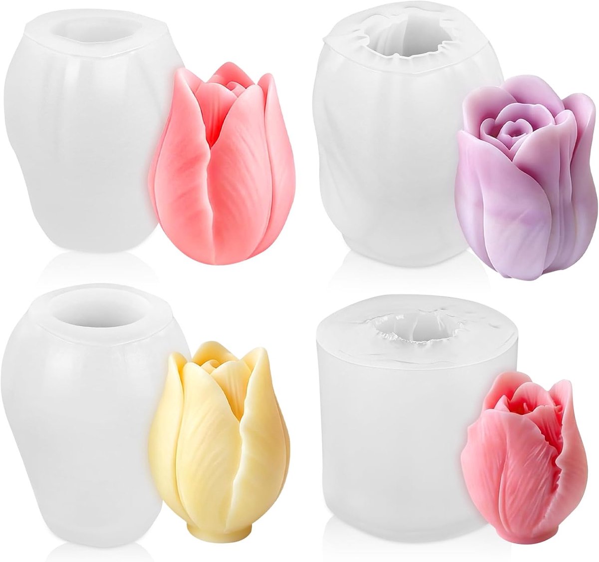 Set van 4 tulpen siliconen vormen om te gieten, 3D-bloemen, kaarsgietvorm voor kaarsen, zeep en gietpoeder, herbruikbare epoxyhars en fondantvorm