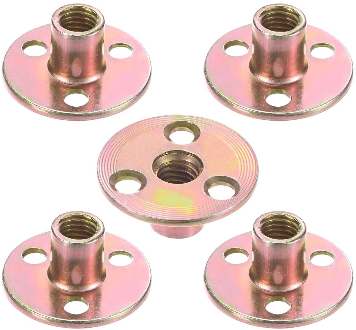 METERXITY Set van 5 M10 x 17 mm T-groef verzinkt koolstofstaal T-groef 3-gaats ronde basis lasmoeren doorgangsgat meubelbeslag, flens inschroefmoer, binnendraad goud