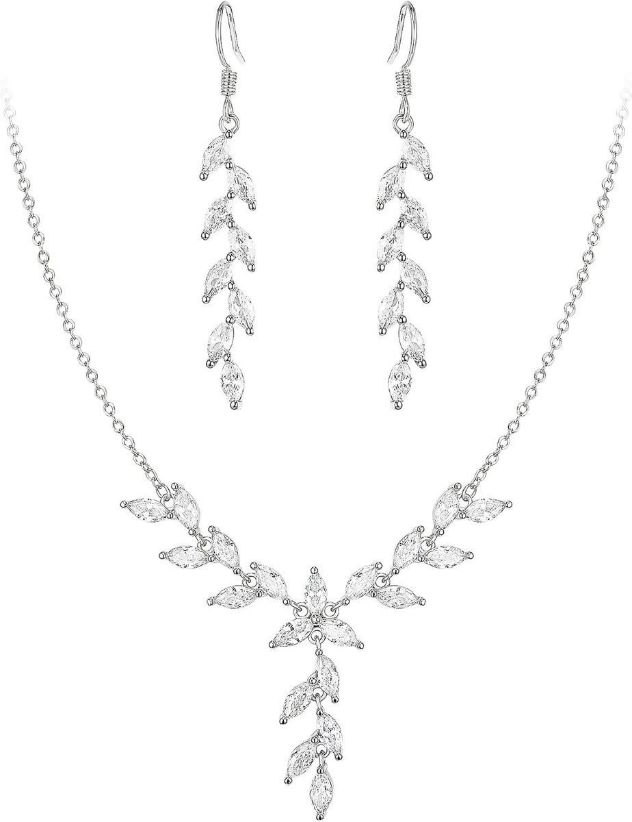 FAITH Kubieke Zirkonia Sieraden Set voor Feest Marquise Wijnstokblad Ketting en Oorbellen Haak Set Helder Zilvertint