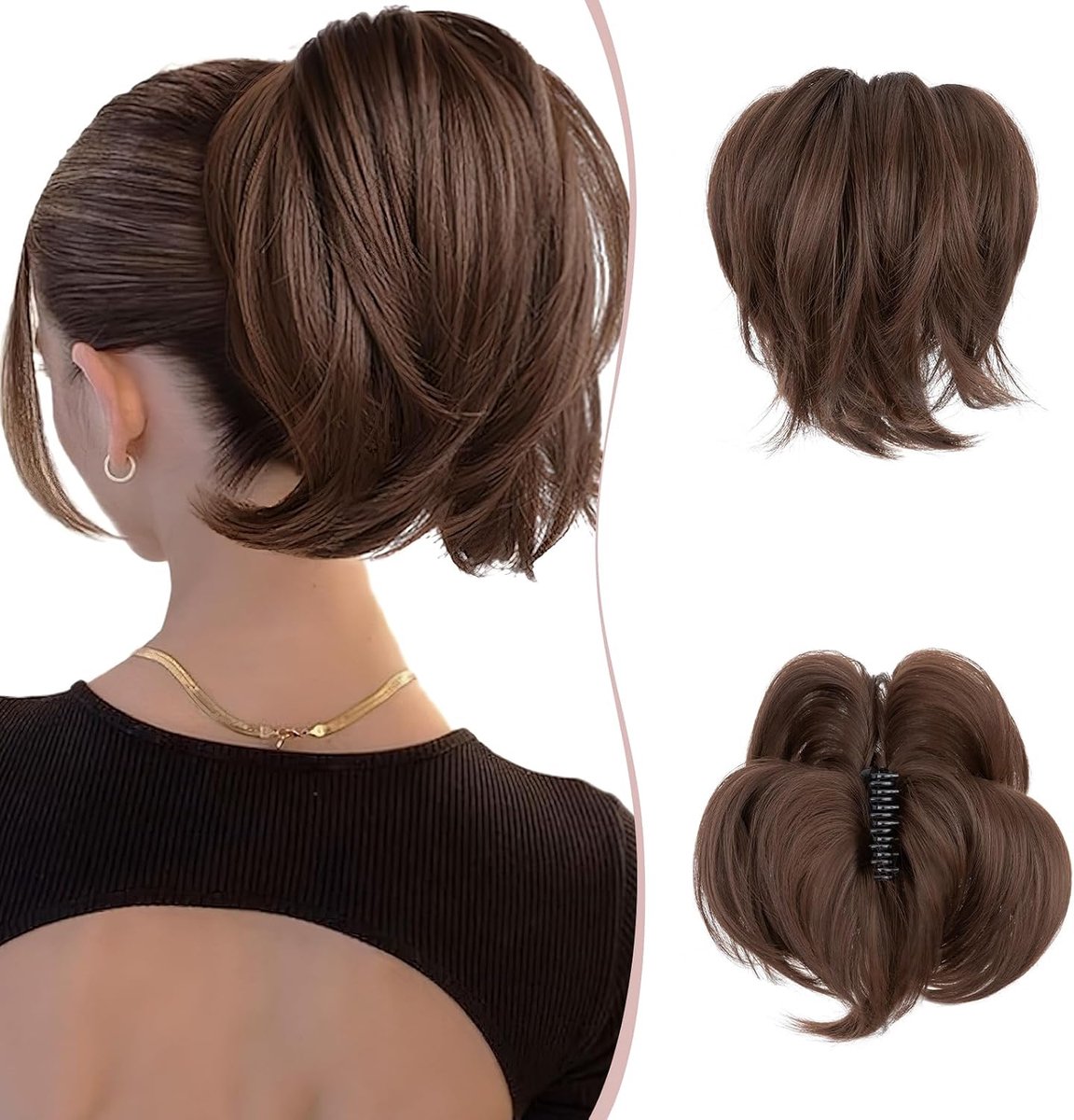 Haarstukje met clip, paardenstaart, haarelastiek, paardenstaart, vlecht, haarverlenging, haarstuk haar met buigbare metaaldraad, middenbruin