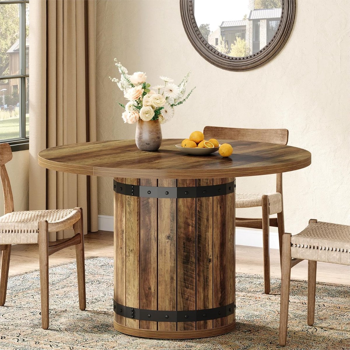 Ronde eettafel in de boerderij, 100 cm, eettafel voor 4 personen, ronde keukentafel met gedeeld tafelblad en lattenonderstel, eettafel voor keuken en woonkamer, bruin