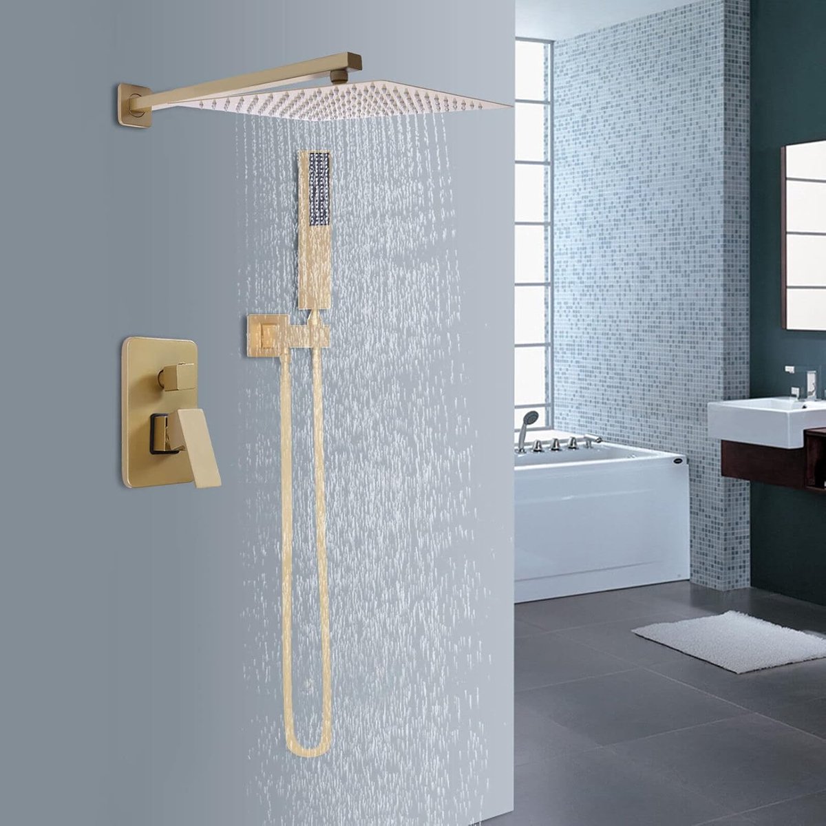 Douchesysteem, inbouwdouche-armatuur, 30 cm, goud, inbouw, douchesysteem, regendouche, douche-armatuur, doucheset met hoofddouche, handdouche, thermostaatdouchesysteem, regendoucheset
